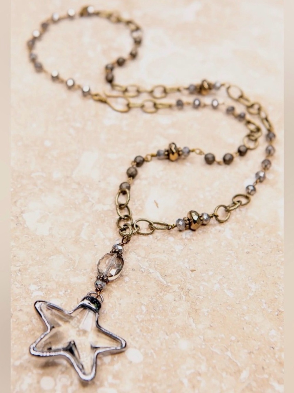 Boutique Star Pendant Statement Necklace | Long Mixed Metal Chain | Boho Chic